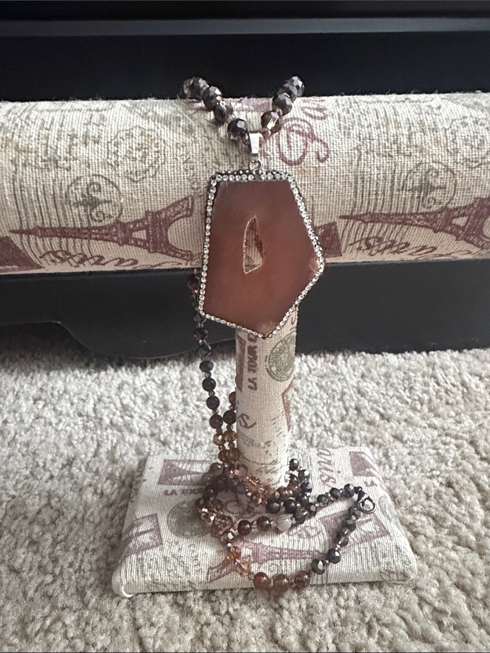 Brown Agate Pendant Necklace with Beaded Chain